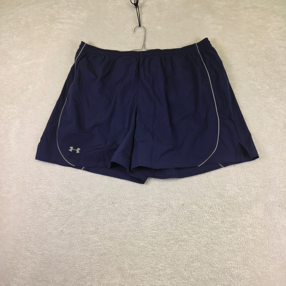 Under Armour Mens XXL Navy Blue Running Shorts Reflective Silver Piping 5 Inseam